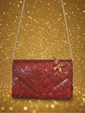 Formal Red Crystal Clutch Handbag Red Purse Shoulder Bag Butterfly Glam Bag NEW